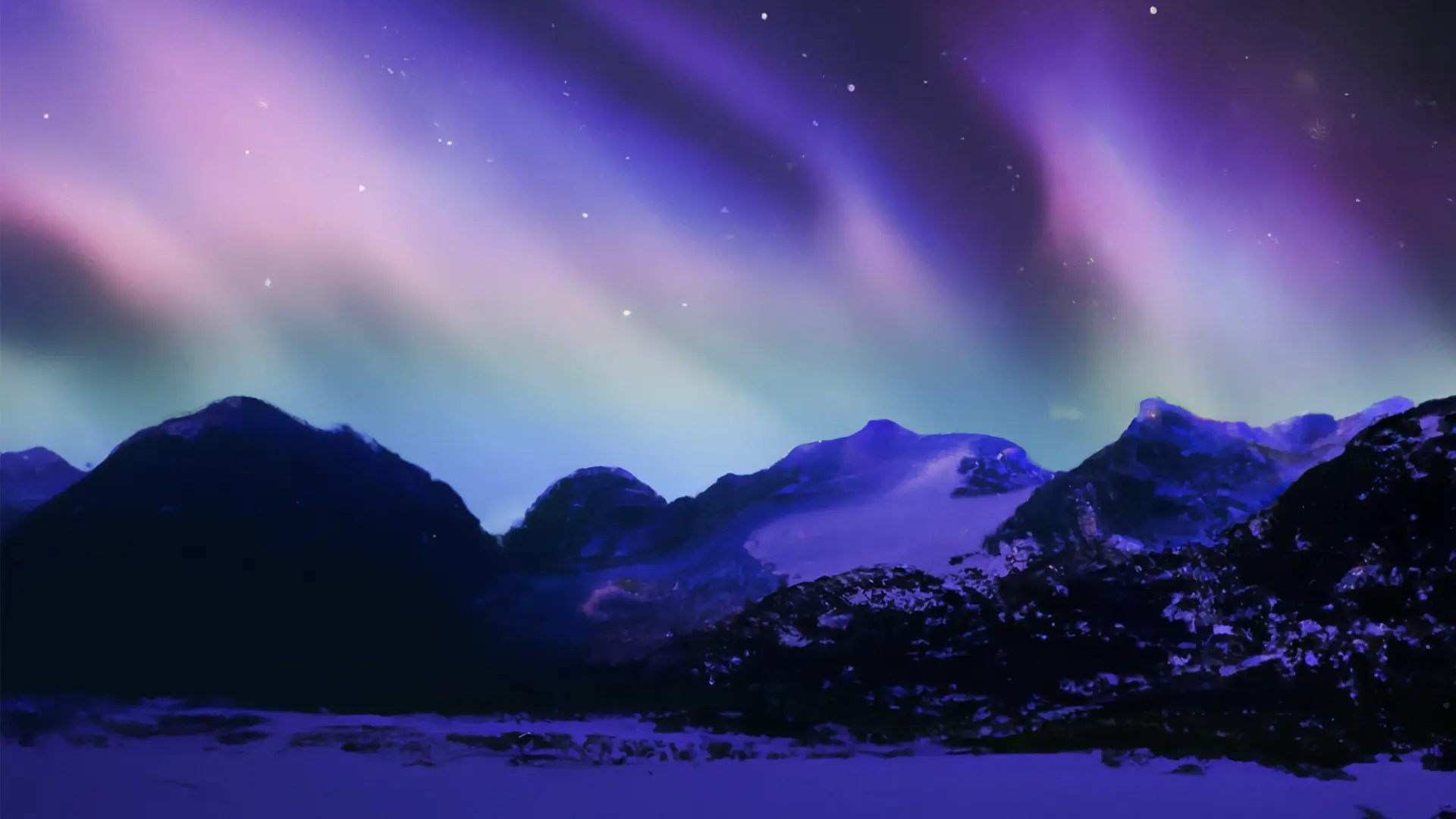 blue to purple aurora in the night sky above of snow mountain